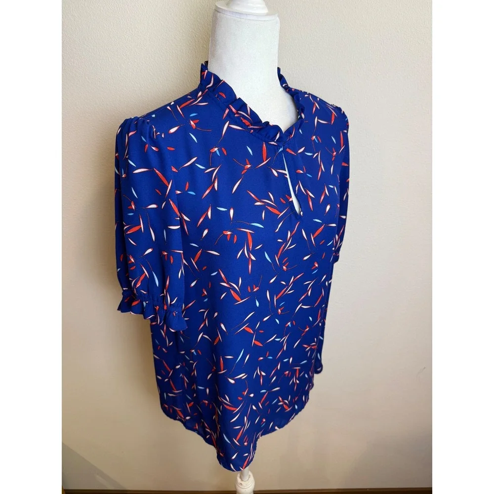 Banana Republic Blue Ruffle High Neck Puff Sleeve Abstract Leaf Print Blouse Top
